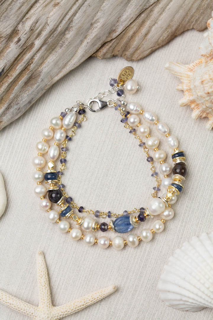 Seaside 7.5-8.5" Freshwater Pearl, Kyanite, Iolite Multistrand Bracelet