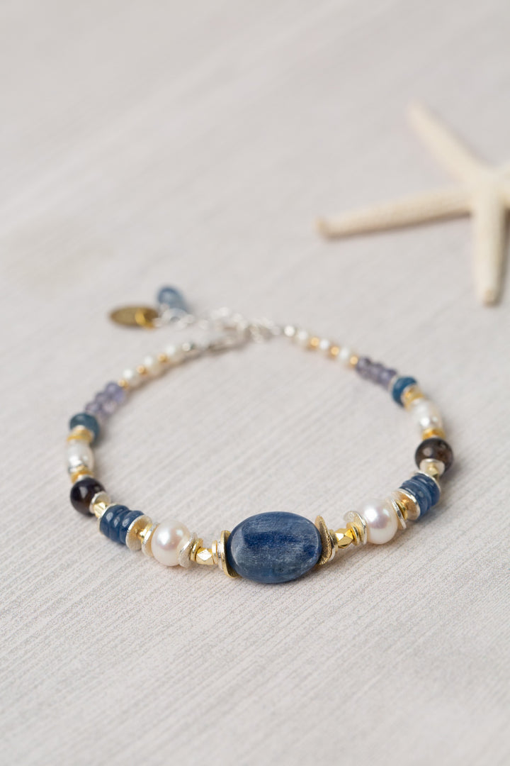 Seaside 7.5-8.5" Pearl, Kayanite, Iolite Simple Bracelet