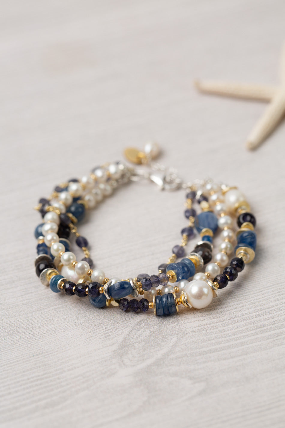 Seaside 7.5-8.5" Pearl, Kyanite, Iolite Multistrand Bracelet