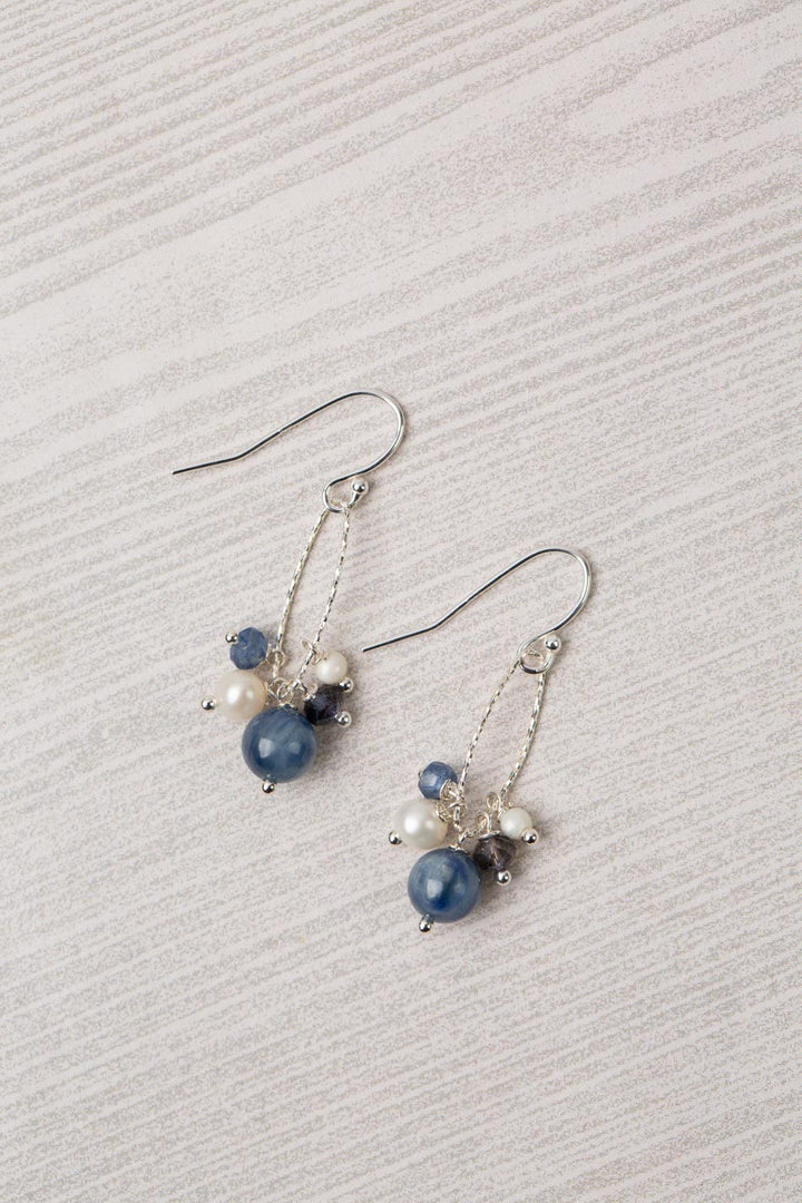 Seaside Kayanite, Pearl, Iolite Cluster Earrings