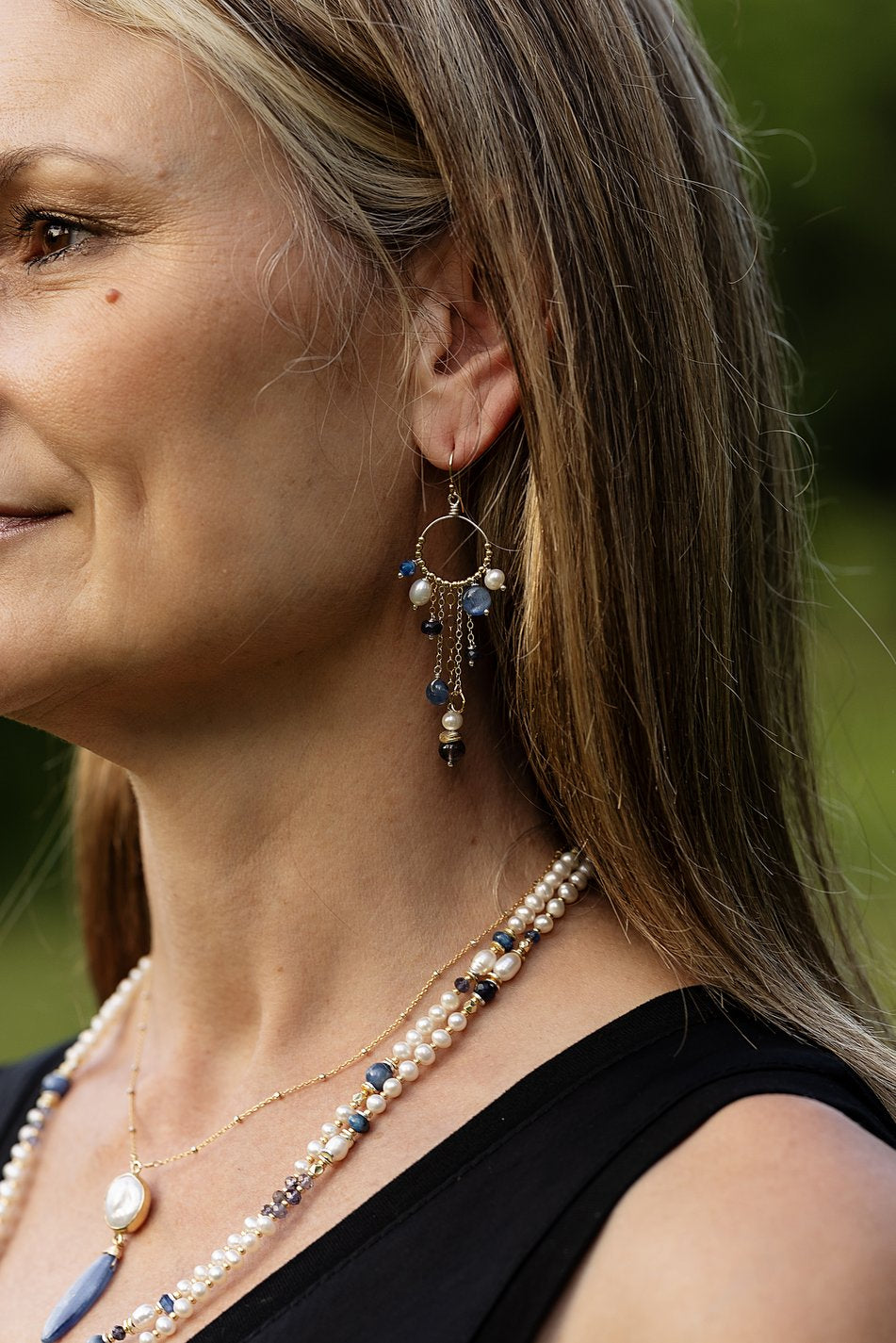 Seaside Pearl, Kyanite, Iolite Statement Earrings