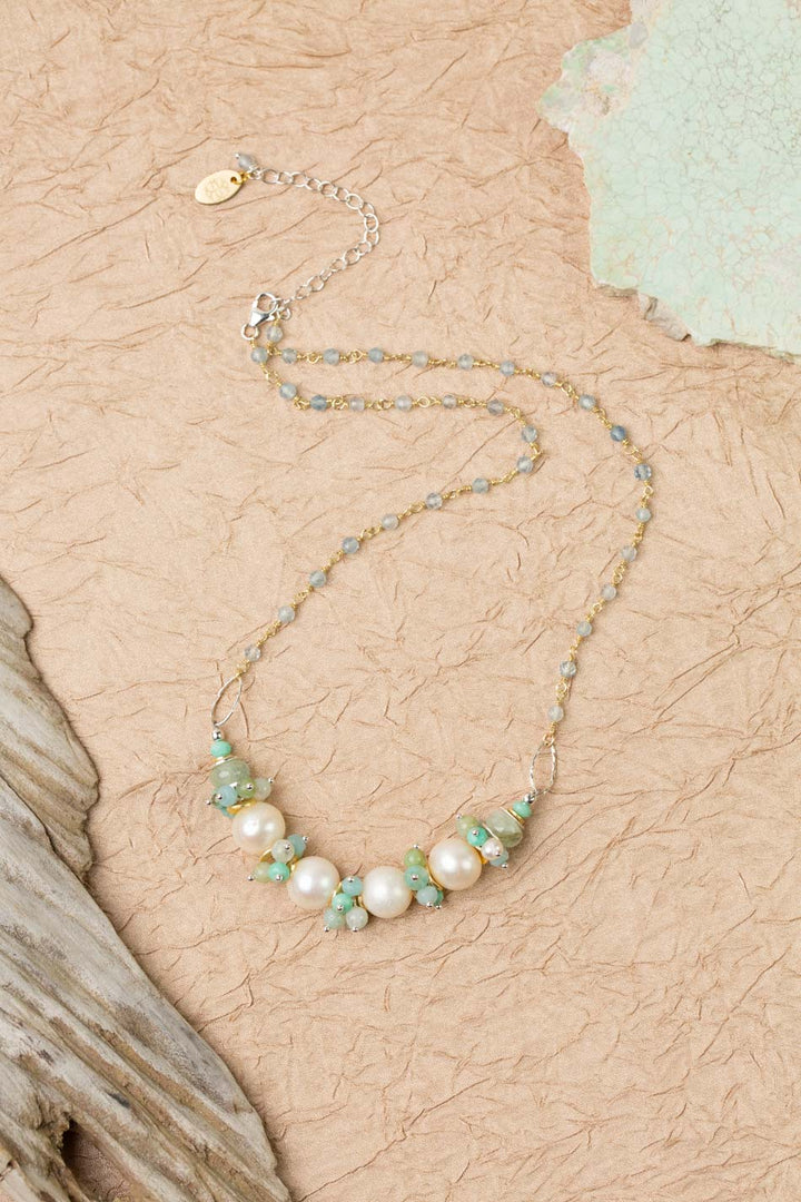 Serenity 17-19" Amazonite, Aquamarine With Freshwater Pearl Simple Necklace