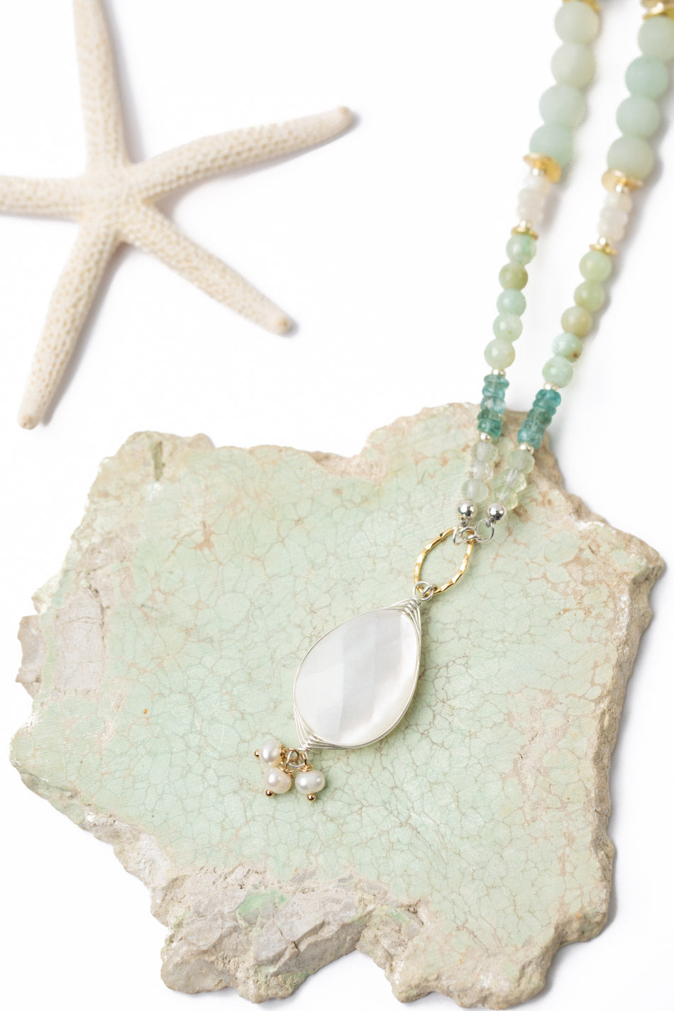 Serenity 18.5-20.5" Freshwater Pearl, Amazonite, Blue Apatite With Mother Of Pearl Collage Necklace