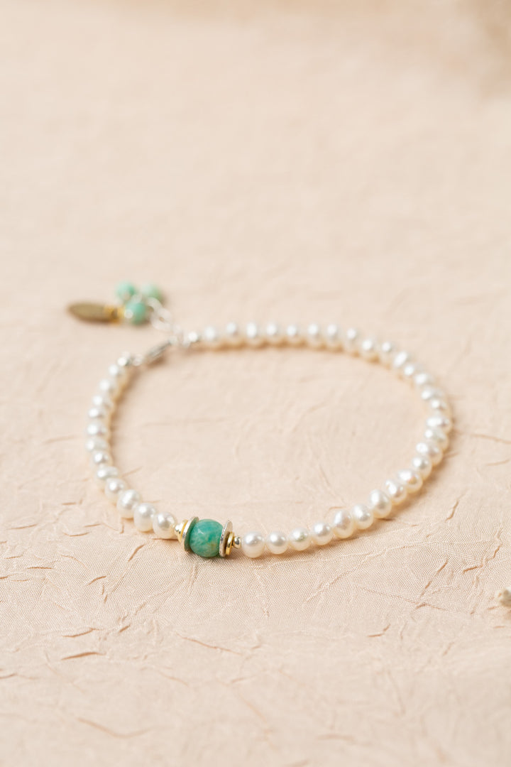 Serenity 7.5-8.5" Freshwater Pearl, Faceted Amazonite Simple Bracelet