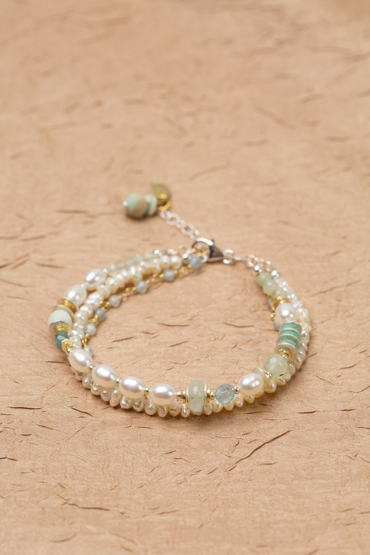 Serenity 7.5-8.5" Aquamarine, Faceted Amazonite, Freshwater Pearl Multistrand Bracelet