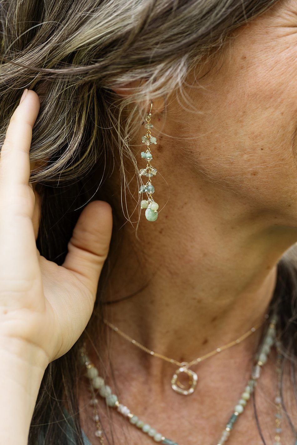 Serenity Aquamarine, Prehnite, Blue Apatite With Faceted Amazonite Briolette Dangle Earrings