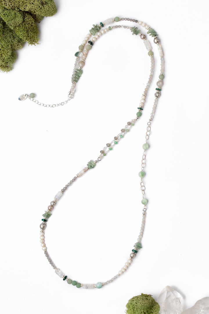 Spring Frost 34-36" Freshwater Pearl, Opal, Moss Agate Collage Necklace