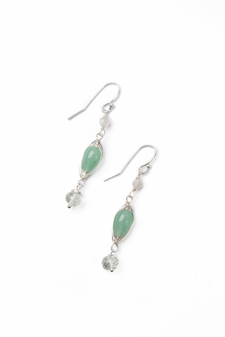 Spring Frost Faceted Moonstone, Faceted Green Amethyst with Green Aventurine Herringbone Earrings