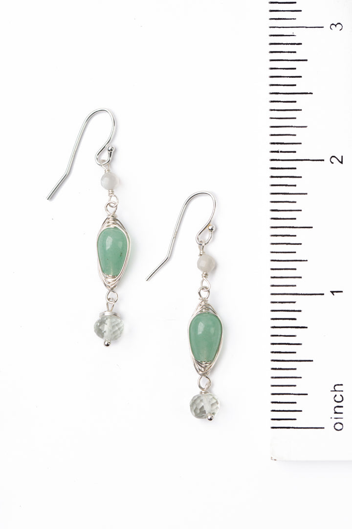 Spring Frost Faceted Moonstone, Faceted Green Amethyst with Green Aventurine Herringbone Earrings