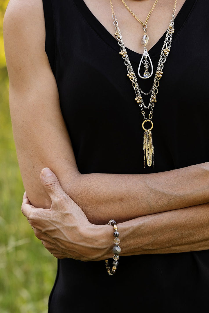 Silver & Gold 7.5-8.5" Labradorite, Quartz, Czech Glass Simple Bracelet