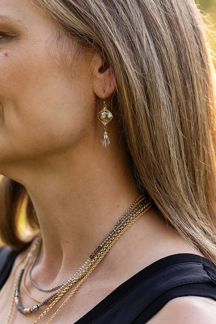 Silver & Gold Crystal Dangle Herringbone Earrings