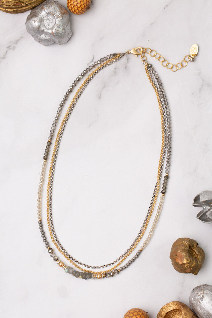 Silver & Gold 15.5-17.5" Smoky Crystal, Czech Glass Multistrand Necklace