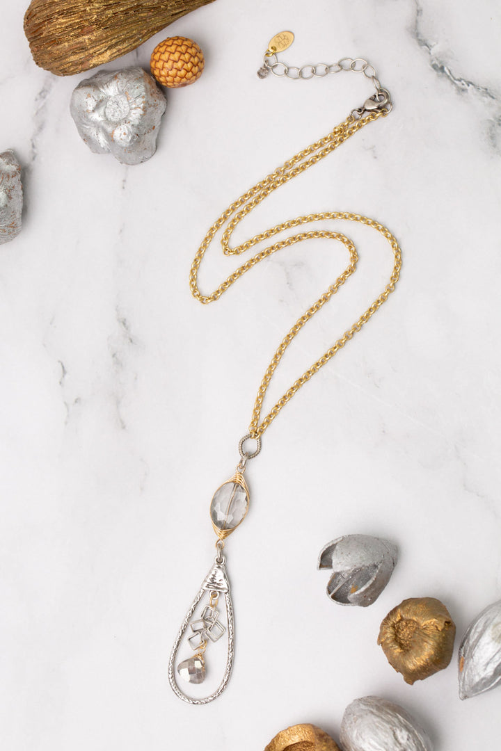 Silver & Gold 19-21" Crystal With Silver Plated Brass Teardrop Statement Necklace