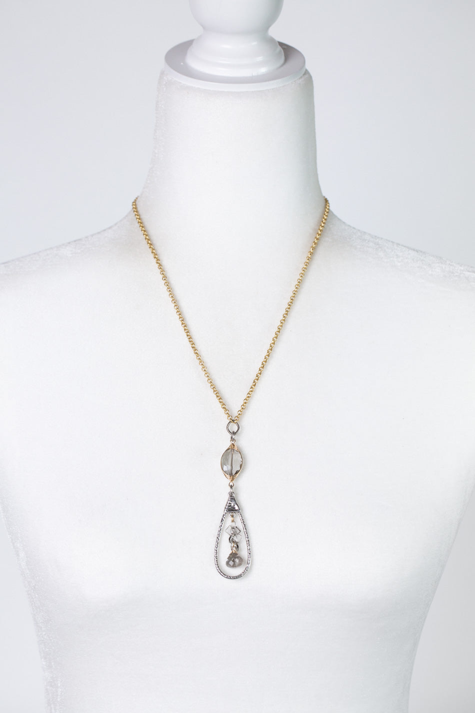 Silver & Gold 19-21" Crystal With Silver Plated Brass Teardrop Statement Necklace