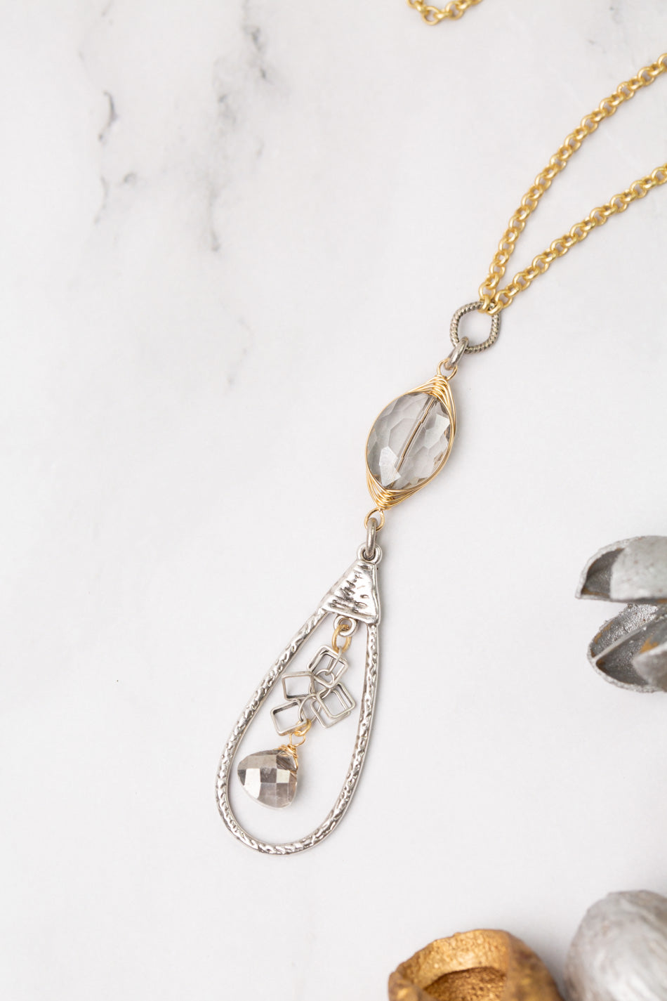 Silver & Gold 19-21" Crystal With Silver Plated Brass Teardrop Statement Necklace