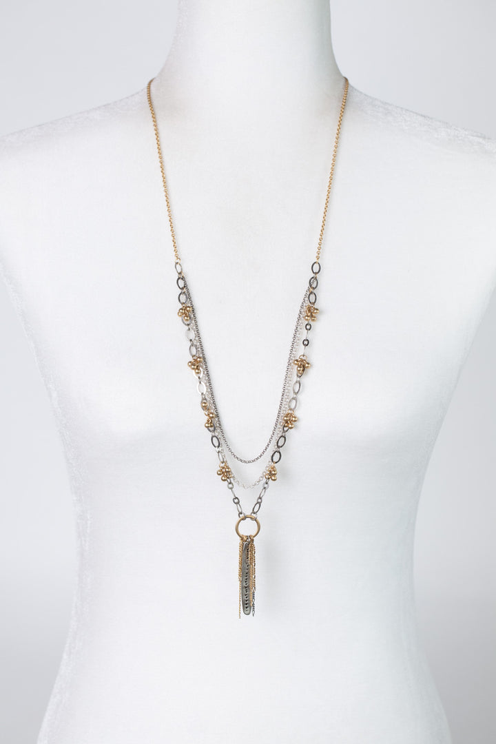 Silver & Gold 29-31" Silver Plated Brass Long Tribal Pendant With Chain Dangles Multistrand Necklace