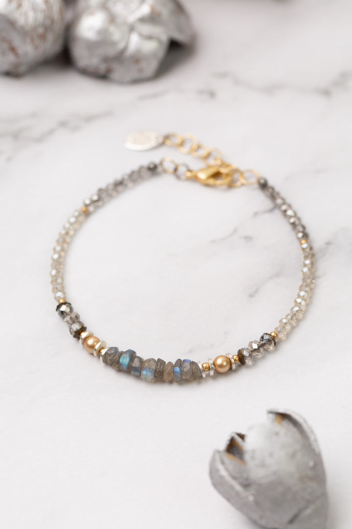 Silver & Gold 7.5-8.5 Faceted Smoky Gray Crystal, Labradorite, Czech Glass Simple Bracelet