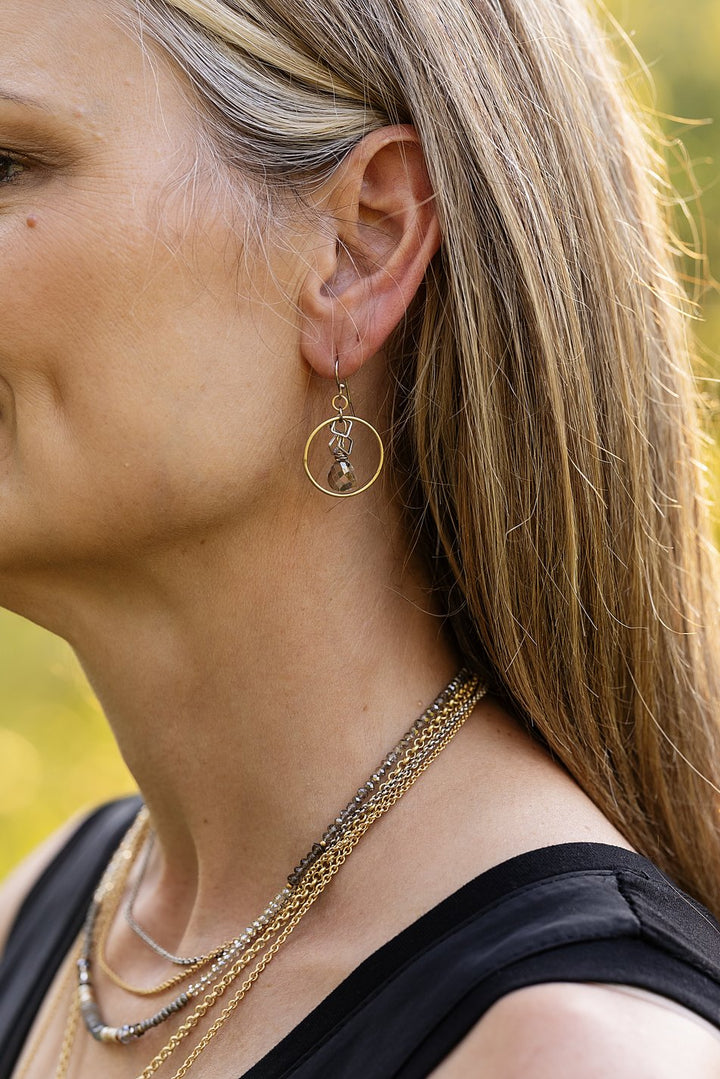 Silver & Gold Smoky Gray Faceted Crystal Briolette Hoop Earrings