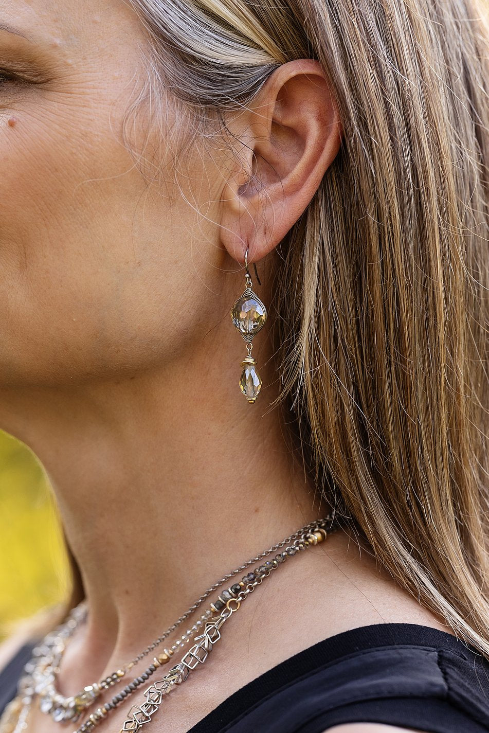 Silver & Gold Faceted Crystal Herringbone Earrings