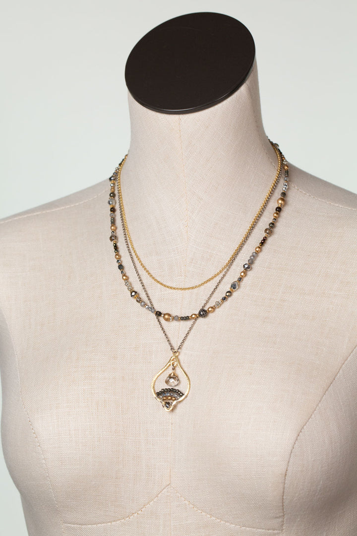 Silver & Gold 16.5-18.5" Pearl, Crystal, Pyrite With Brushed Gold Pendant Multistrand Necklace