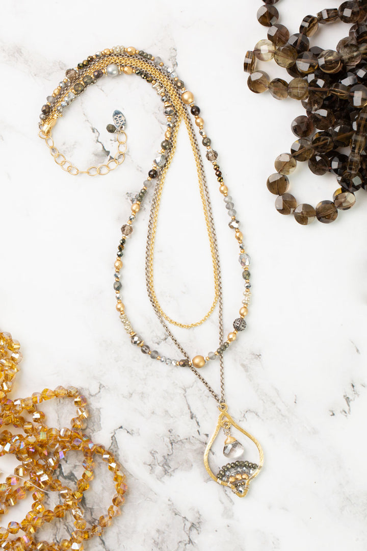 Silver & Gold 16.5-18.5" Pearl, Crystal, Pyrite With Brushed Gold Pendant Multistrand Necklace