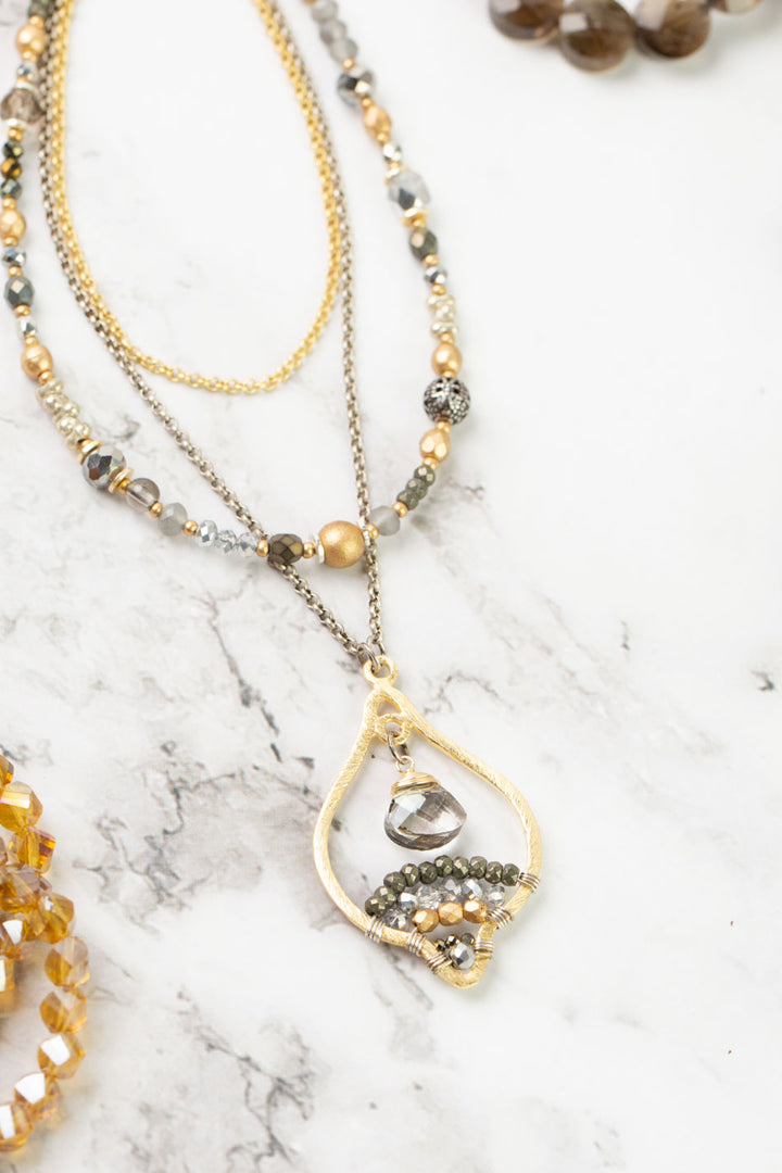 Silver & Gold 16.5-18.5" Pearl, Crystal, Pyrite With Brushed Gold Pendant Multistrand Necklace