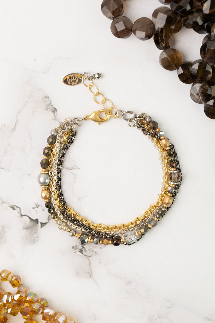 Silver & Gold 7.5-8.5" Czech Glass, Crystal, Pyrite Multistrand Bracelet