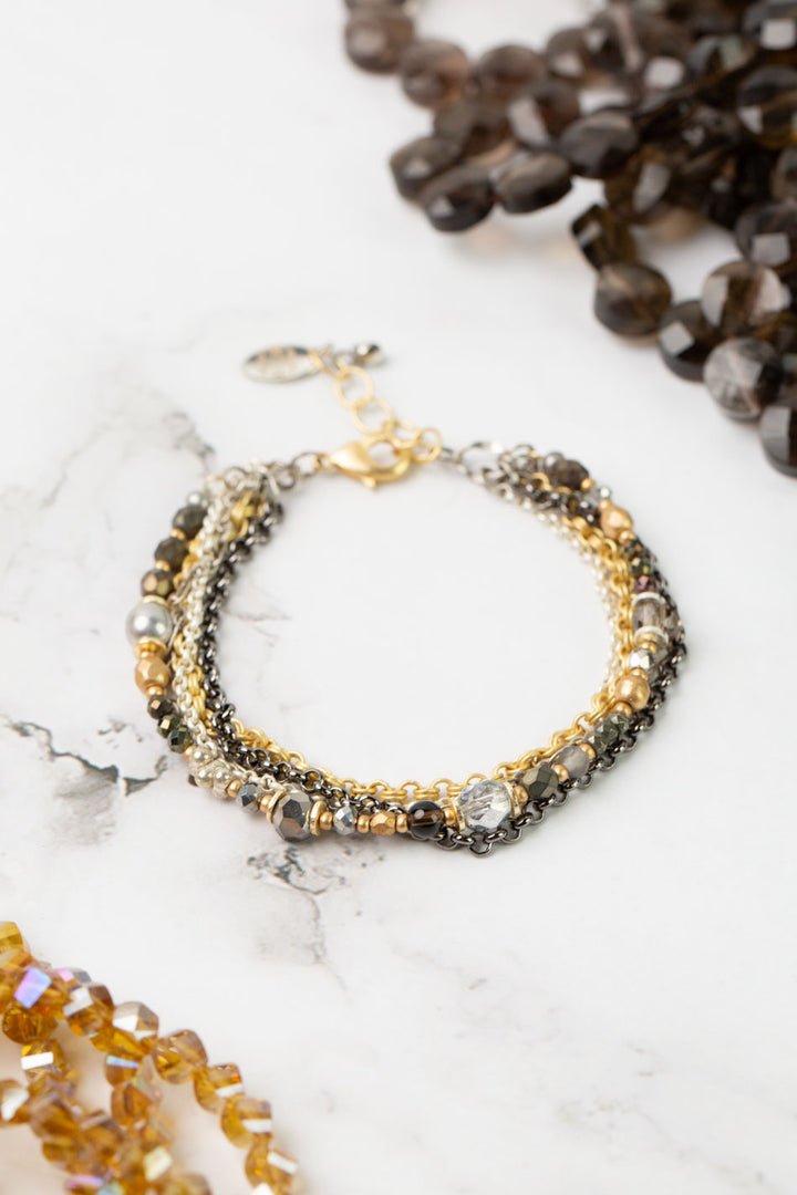 Silver & Gold 7.5-8.5" Czech Glass, Crystal, Pyrite Multistrand Bracelet