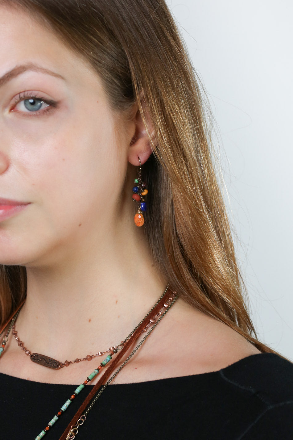 Soulful Natural Orange Turquoise, Faceted Lapis Lazuli, Red Jasper, Czech Glass Cluster Earrings