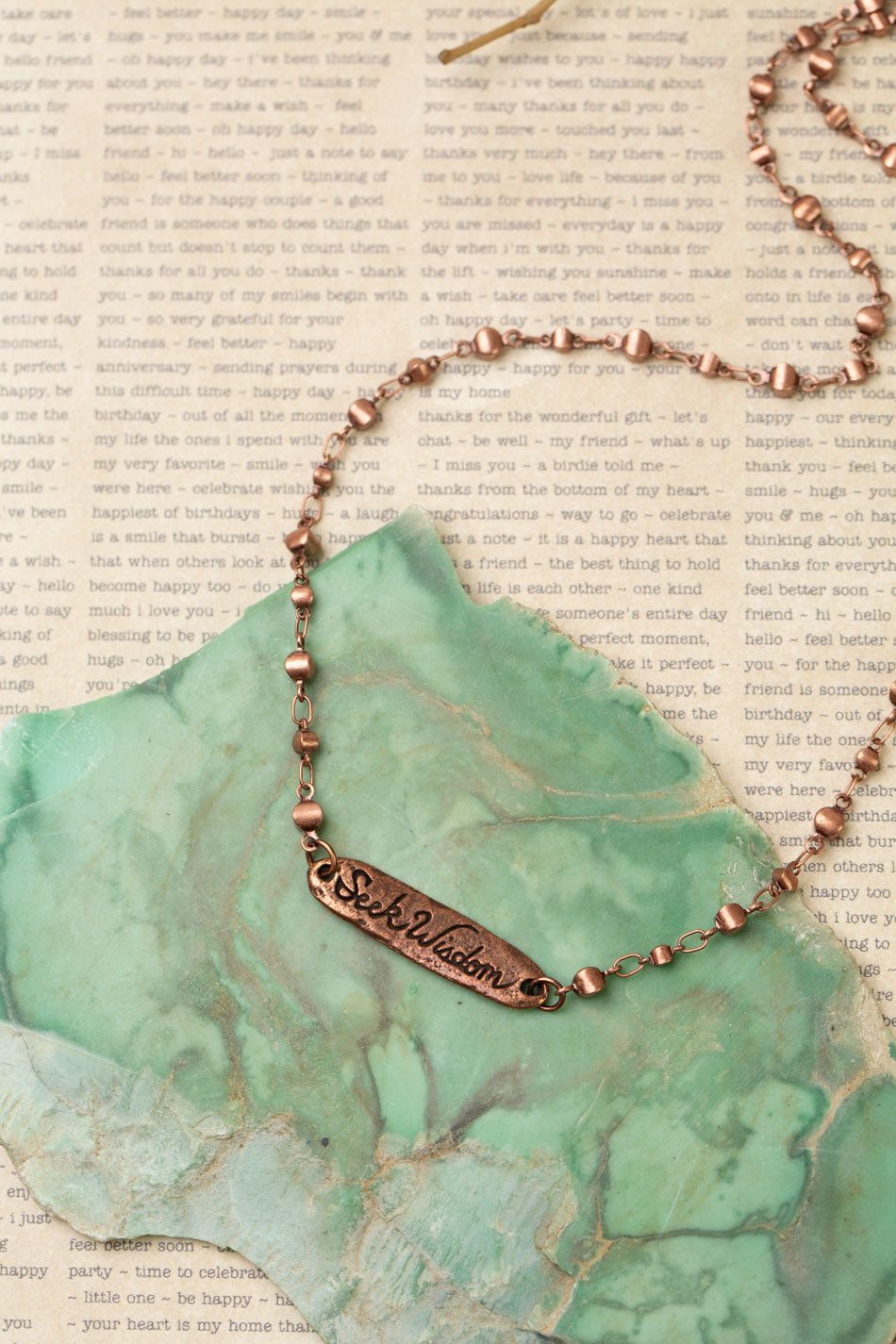 Soulful 17-19" "Seek Wisdom" Stamped Message With Reversible Flora Fern Stamped Image Simple Necklace