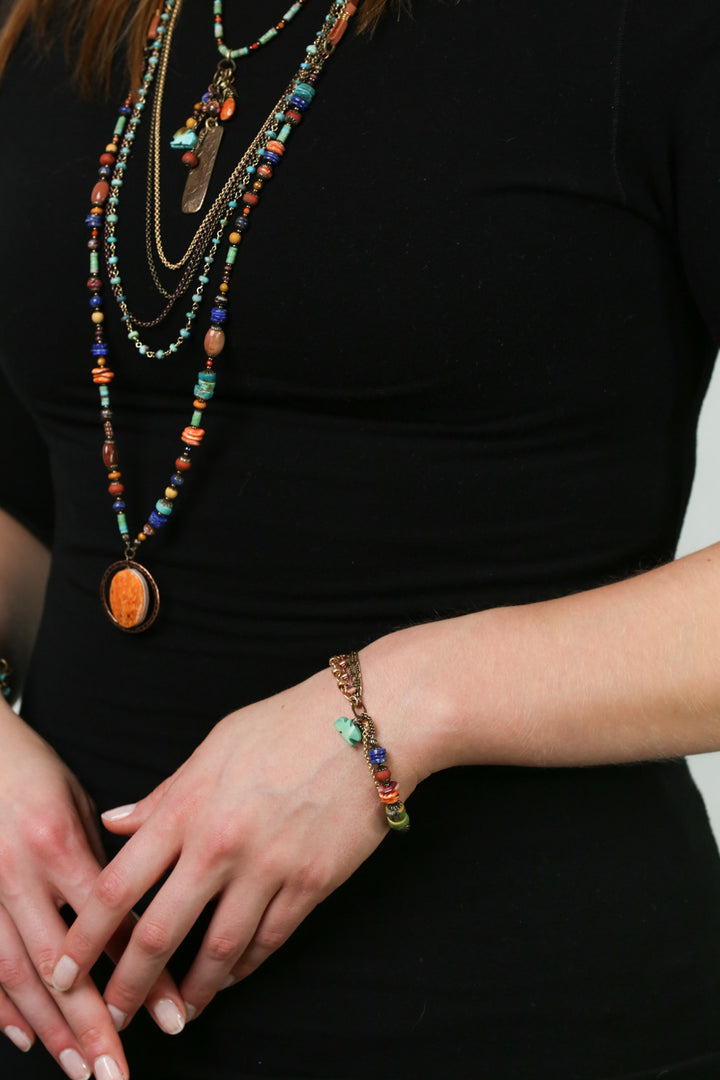 Soulful 7.5-8.5" Turquoise, Spiny Oyster, Lapis Lazuli With Antique Copper Plated Brass Chain Multistrand Bracelet