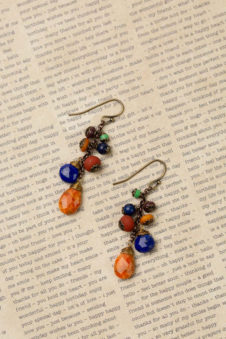 Soulful Natural Orange Turquoise, Faceted Lapis Lazuli, Red Jasper, Czech Glass Cluster Earrings