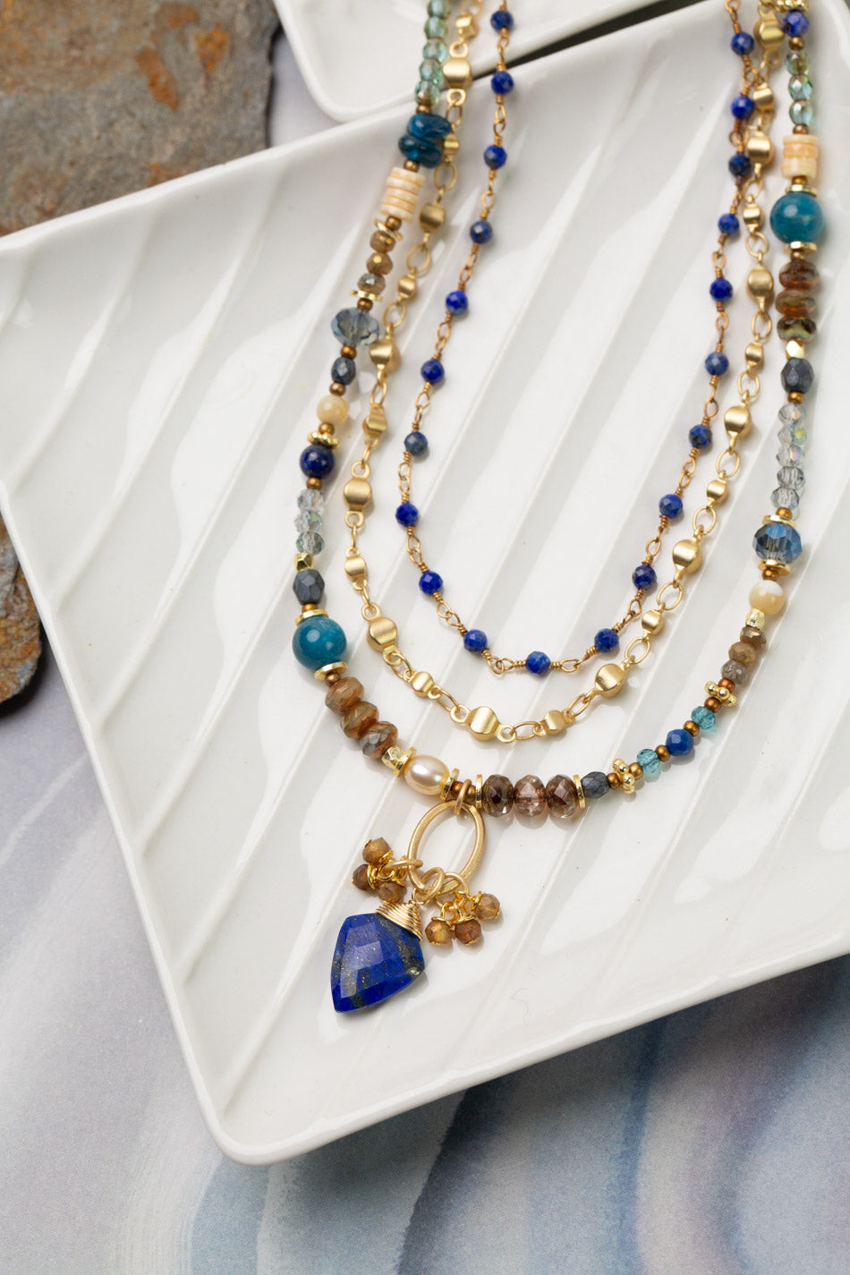 Starry Night 21-23" Lapis, Apatite, Crystal Multistrand Necklace