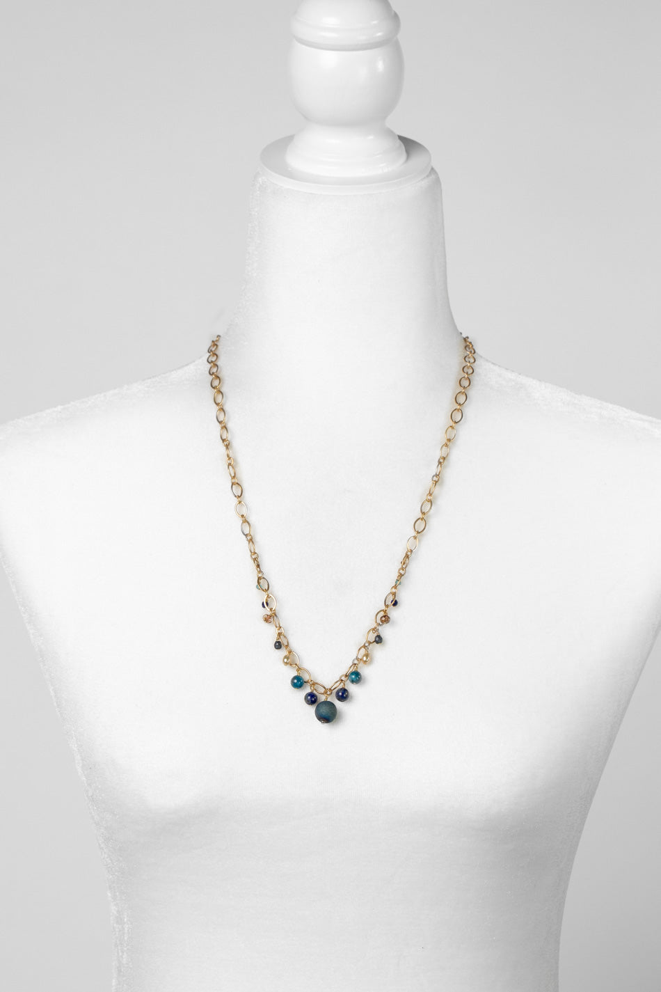 Starry Night 27.5" Lapis Lazuli, Blue Apatite, Fresh Water Pearl with Titanium Plated Round Geode Bead Cluster Necklace