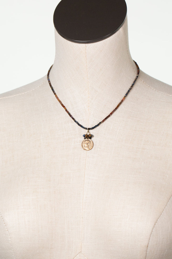 Sacred Heart 15-17" Pietersite With Antique Brass Pendant Simple Necklace