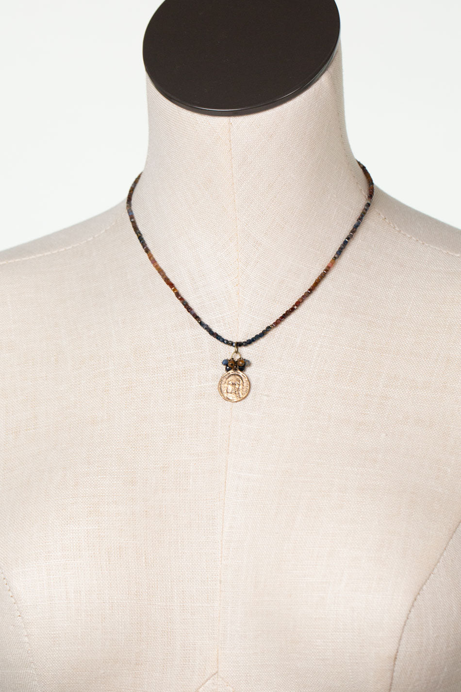 Sacred Heart 15-17" Pietersite With Vintage Coin Pendant Simple Necklace