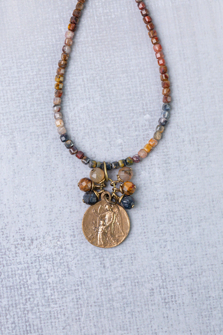 Sacred Heart 15-17" Pietersite With Mother Mary Pendant Simple Necklace