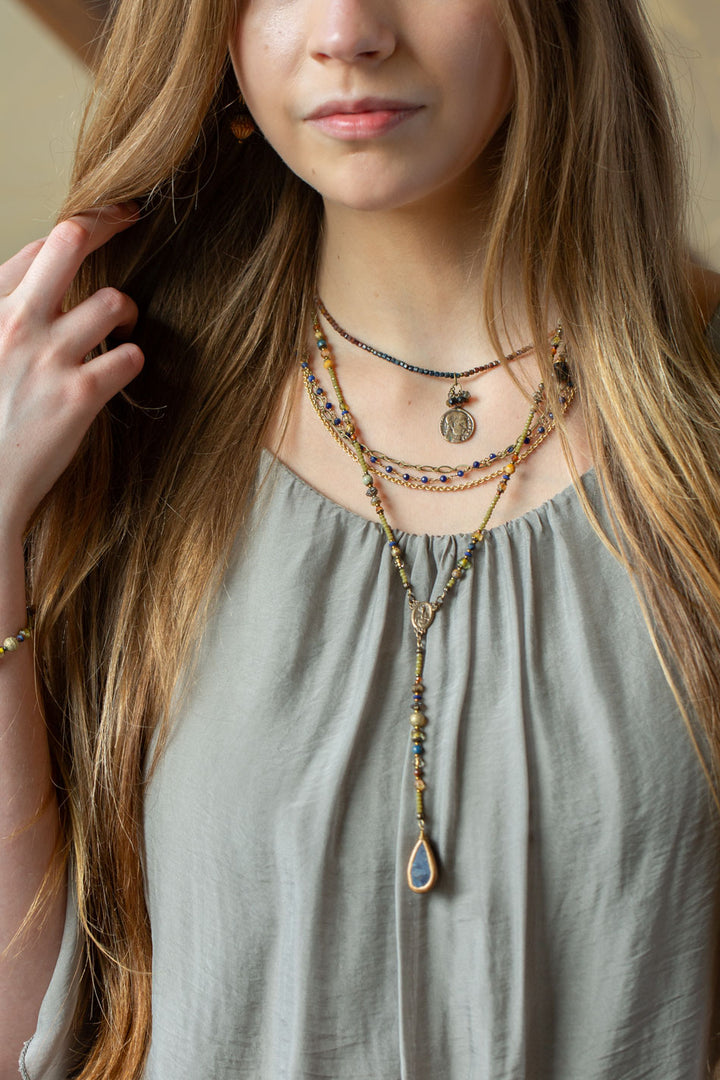 Sacred Heart 15-17" Pietersite With Antique Brass Coin Simple Necklace