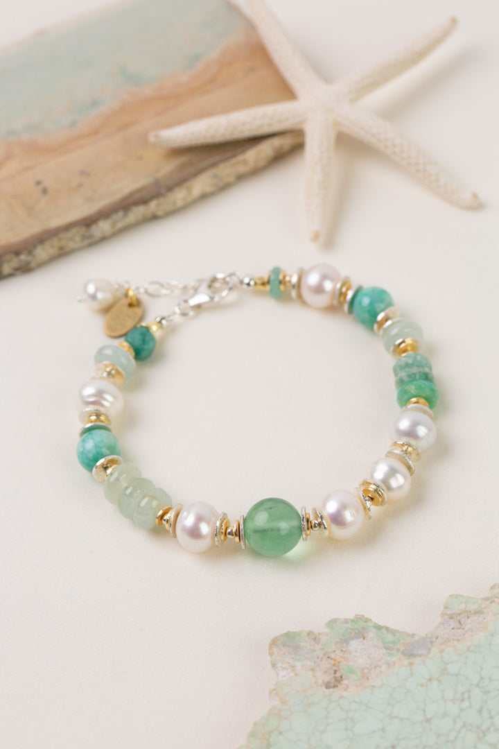 Serenity 7.5-8.5" Amazonite, Freshwater Pearl, Apatite Simple Bracelet