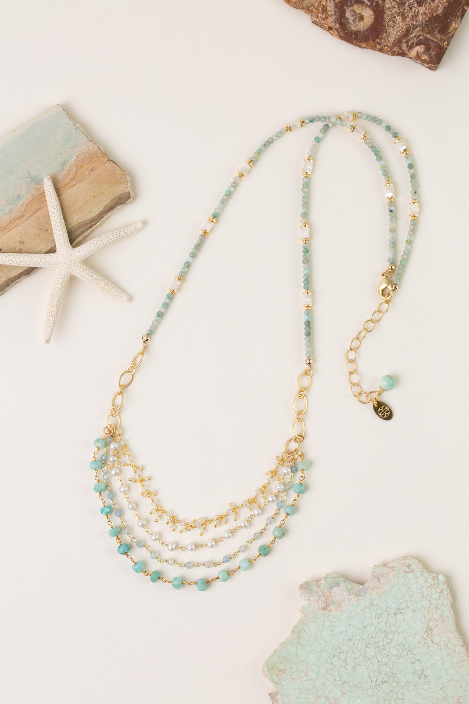 Serenity 24.5-26.5" Freshwater Pearl, Amazonite Multistrand Necklace