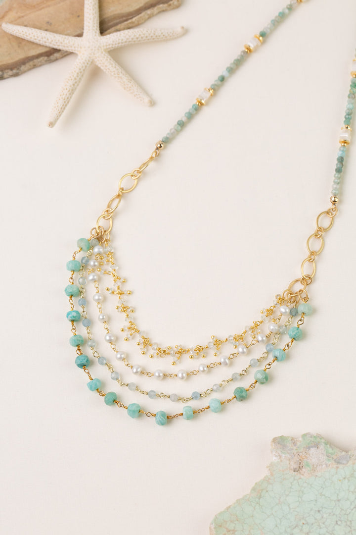 Serenity 24.5-26.5" Freshwater Pearl, Amazonite Multistrand Necklace