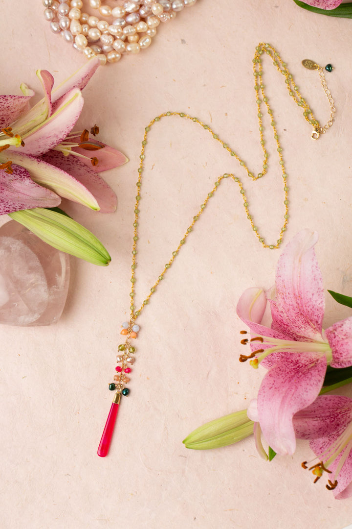 Splendor 29.5-31.5" Fuchsia Jade Pendant, Freshwater Pearl, Coral Cluster Necklace