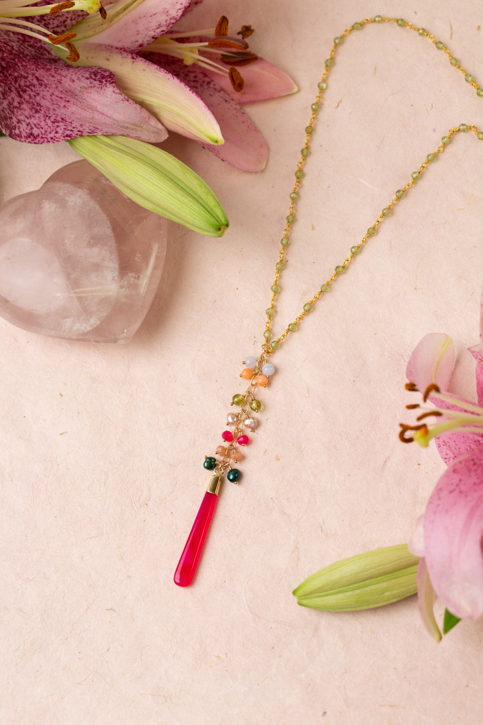 Splendor 29.5-31.5" Fuchsia Jade Pendant, Freshwater Pearl, Coral Cluster Necklace