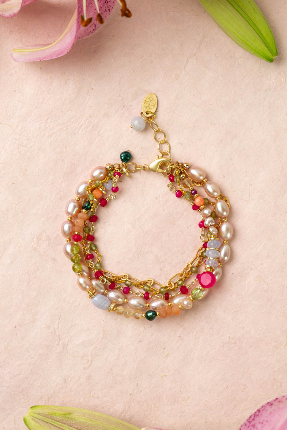Splendor 7.5-8.5" Fuchsia Jade, Peridot, Coral Multistrand Bracelet