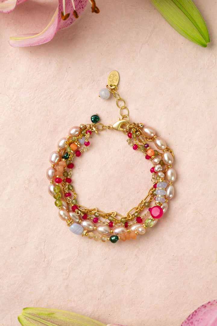 Splendor 7.5-8.5" Fuchsia Jade, Peridot, Coral Multistrand Bracelet