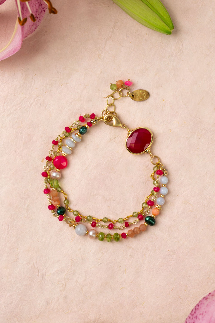 Splendor 7.5-8.5" Fuchsia Jade Bezel, Peridot, Blue Lace Agate Multistrand Bracelet