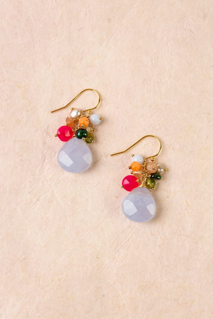 Splendor Chalcedony Briolette, Fuchsia Jade, Coral Cluster Earrings