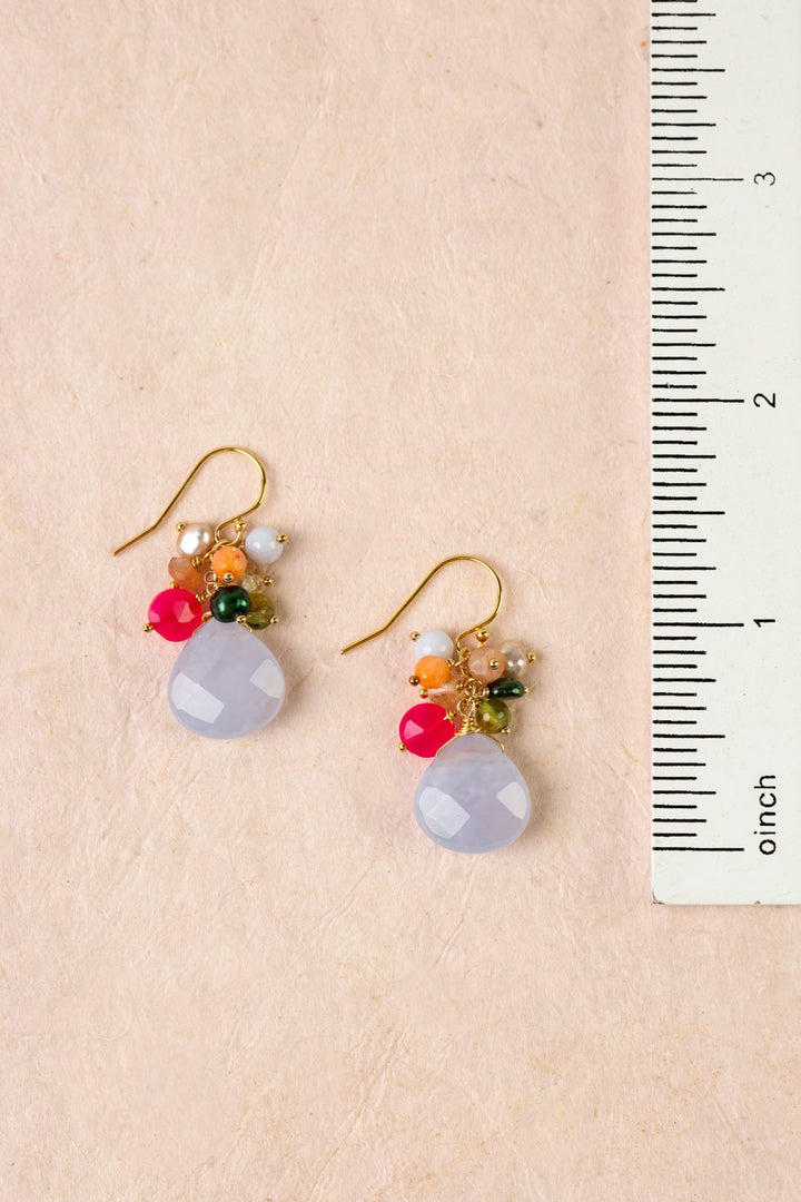 Splendor Chalcedony Briolette, Fuchsia Jade, Coral Cluster Earrings