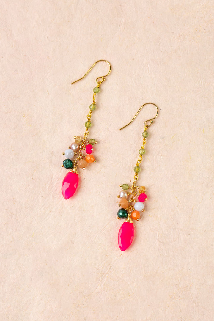 Splendor Fuchsia Jade Briolette, Peridot Cluster Earrings