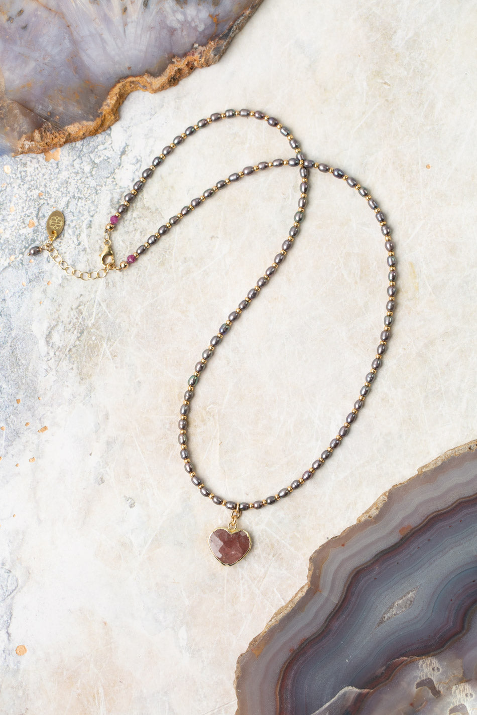 True Colors 19.25-21.25" Freshwater Pearl, Ruby With Faceted Strawberry Quartz Heart Shaped Bezel Simple Necklace